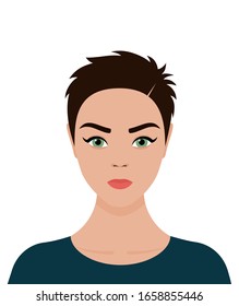 Portrait of a young European girl with short brown hair angry. Vector flat stock illustration, avatar on a transparent background