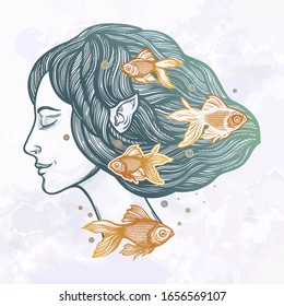Portrait of young fairy with gold fishes. Magic river nymph, mysterious character from mermaid tales. Isolated vector illustration.