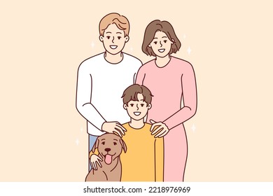 Portrait of young family with child and dog. Smiling parents with kid and pet posing together. Vector illustration. 