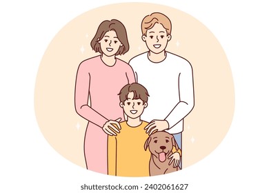 Portrait of young family with child and dog. Smiling parents with kid and pet posing together. Vector illustration.