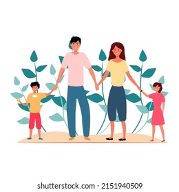 Portrait of a young family that walks in nature. Flat vector illustration.
