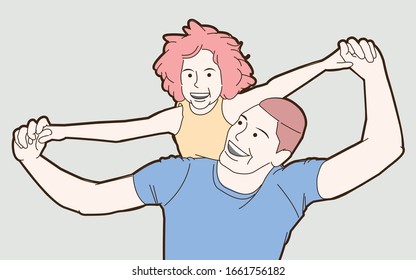 Portrait of young father carrying his daughter on his back