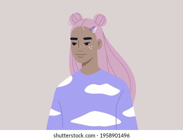 A portrait of a young female Asian character wearing pastel candy colors, a modern lifestyle concept