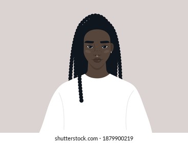 A portrait of a young female Black character wearing a simple long sleeve, millennial and generation z lifestyle