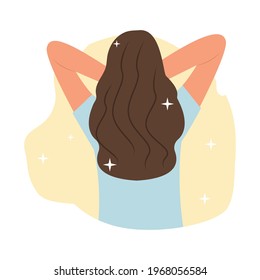  Portrait of a young female character, back view.Beautiful healthy clean hair after using a mask, conditioner.Woman take care about her hair.Vector illustration