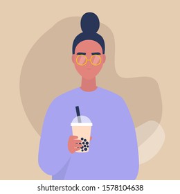 A portrait of a young female character holding a take away cup of bubble milk tea, lifestyle and food