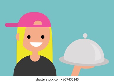 Portrait of a young female character holding a dish covered with a cloche / flat editable vector illustration, clip art