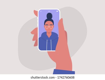 A portrait of a young female character on a mobile screen, millennial lifestyle, gadgets, online video call