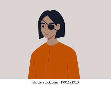 A portrait of a young female character wearing a medical black eye patch