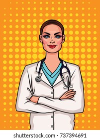 Portrait of a young female doctor in uniform. Happy woman doctor crossed her arms over her chest.