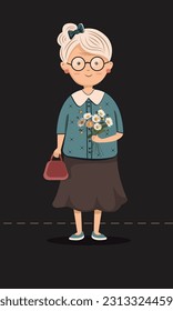Portrait of Young Female Holding Handbag and Daisies Bouquet in Standing Pose.