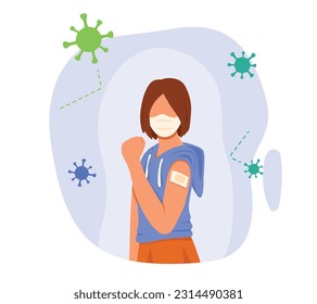 Portrait of young female with patch on her shoulder from vaccination standing in hospital. Health care concept, stop virus and flu. Flat vector illustration in green and blue colors