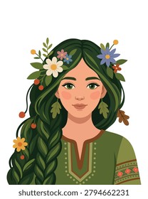Portrait of a young forest nymph with green hair and flower wreath. Beautiful girl as Mavka character with floral accessories in Slavic mythology. Flat vector illustration isolated on white background.