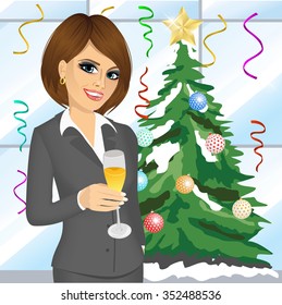 portrait of young friendly businesswoman toasting with a glass of champagne on christmas party