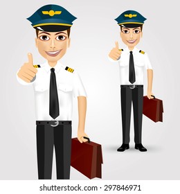 portrait of young friendly pilot with briefcase giving his thumbs up isolated over white background
