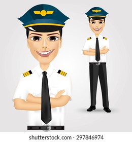 portrait of young friendly pilot with crossed arms isolated over white background