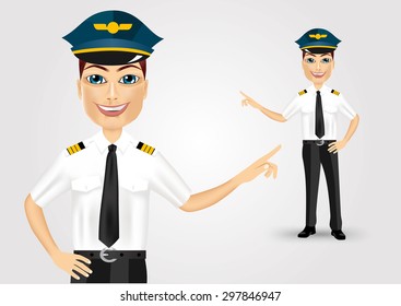 portrait of young friendly pilot pointing at something isolated over white background