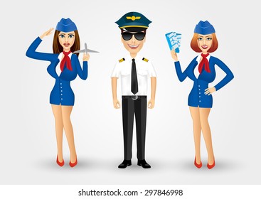 portrait of young friendly pilot with sunglasses and two stewardesses isolated over white background