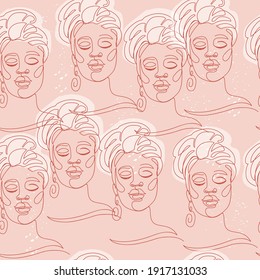 Portrait of a young girl abstract style seamless pattern. Continuous line drawing. Fashion print