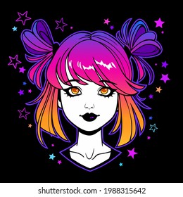 portrait of a young girl with bright iridescent hair and a funny hairstyle