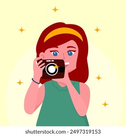 Portrait of a young girl with a camera in his hands. Fashionably dressed. Character and lifestyle. Flat style on white background. Cartoon