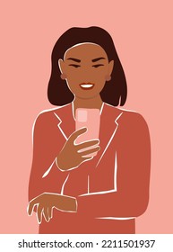 Portrait of a young girl with dark skin with a phone in her hand. A business woman takes selfies, photos, communicates by video. Vector graphics.
