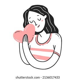 Portrait of a young girl embracing a heart in a simple linear doodle style. Vector isolated illustration.
