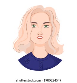 Portrait of a young girl. The face of a stylish woman with fashionable hair and green big eyes. Vector female abstract character.