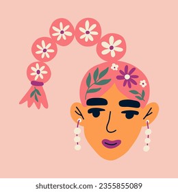 Portrait of young girl with flowers. Avatar of European woman character. Vector illustration for postcards, posters, social network. Concept of mental health and psychology.