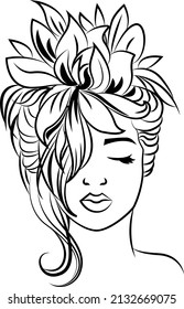 Portrait of a young girl with flowers on her head. Vector illustration, sketch from lines. Graphic symbol for cosmetics, printing products, etc.