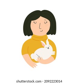 Portrait of a young girl with a funny rabbit. Vector illustration of cute characters.
