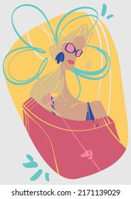 Portrait of a young girl with glasses. Blonde on an abstract background in pink-yellow colors. Colorful street fashion illustration. Street fashion girl. Fashion illustration.