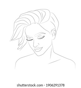 Portrait of a young girl with long lashes. Logo with head girls and highlighted eyebrows. Fashionable women's haircut with black lines on a white background.