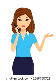 Portrait of a young girl with a mobile phone. The girl holds a mobile phone in her hand and makes a gesture with her hand. Flat style on white background. Cartoon.