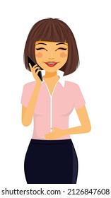 Portrait of a young girl with a mobile phone. The girl laughs, holds a mobile phone in her hands. Emotions, joy.  Flat style on a white background. Cartoon