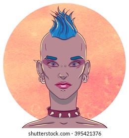 Portrait of a young girl with mohawk hairstyle and piercings on the background of the watercolor circle