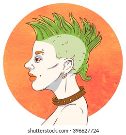 Portrait of a young girl with mohawk hairstyle and piercings on the background of the watercolor circle