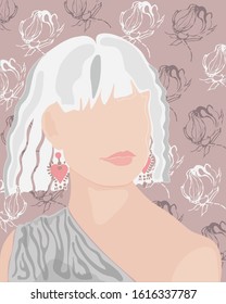 Portrait of a young girl on a floral background. The blonde with beautiful lips. Vector illustration.