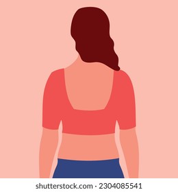 Portrait of a young girl with orange crop top isolated on pink background back side view close up Diversity  Avatar of beautiful woman for social media Minimalist vector illustration in flat style.