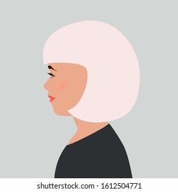 Portrait of young girl in profile. Pretty woman, blonde with short hair and blue eyes. Female silhouette isolated on a gray background. Social media avatar. Flat vector illustration. Poster, banner