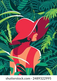 Portrait of a young girl in a red dress and hat in the tropical rainforest. Handmade drawing vector illustration. Retro style poster.