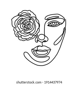 Portrait of a young girl with a rose. Vector one line abstract illustration. Fashion trend