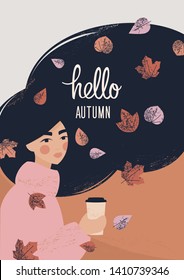portrait of a young girl with a takeaway drink in a pink sweater in autumn windy day. Autumn illustration with a brunette girl in muffled tones. Design with falling colorful leaves and hello autumn