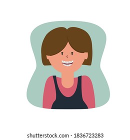 Portrait of a young girl, teenager with braces on her teeth, vector illustration in flat style