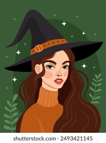 Retrato de una chica joven con un sombrero de bruja negro y un suéter naranja. Bruja, hechicera. Halloween, Samhain. Fondo verde. Morena con ojos verdes. Ilustración vectorial de dibujos animados. 