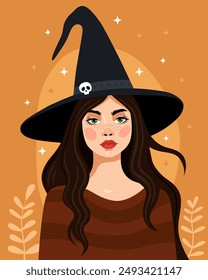 Retrato de una chica joven con un sombrero de bruja negro y un suéter de rayas marrón. Bruja, hechicera. Ilustración vectorial de dibujos animados. Halloween, Samhain. Fondo naranja. Morena con ojos verdes.