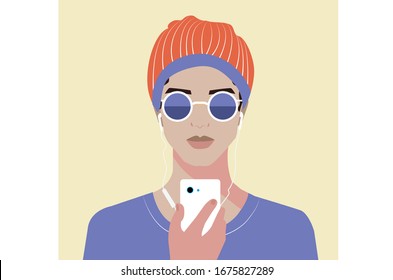 A portrait of young girl wearing goggles with earphones and using phone. Flat vector illustration. Recreation style.