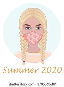 portrait of a young girl wearing a medical face mask. The girl is a blonde in a mask, beautiful eyes. Outbreaks of coronavirus or Covid-19 concept. Self-isolation summer and spring. Vector illustratio