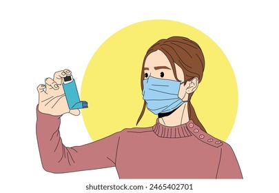 Portrait of young girl wearing medical flu mask and sweater, holding asthma inhaler in hand. health concept.