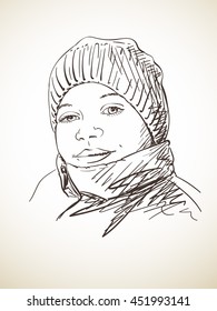 Portrait of young girl in winter hat, Vector sketch, Hand drawn illustration